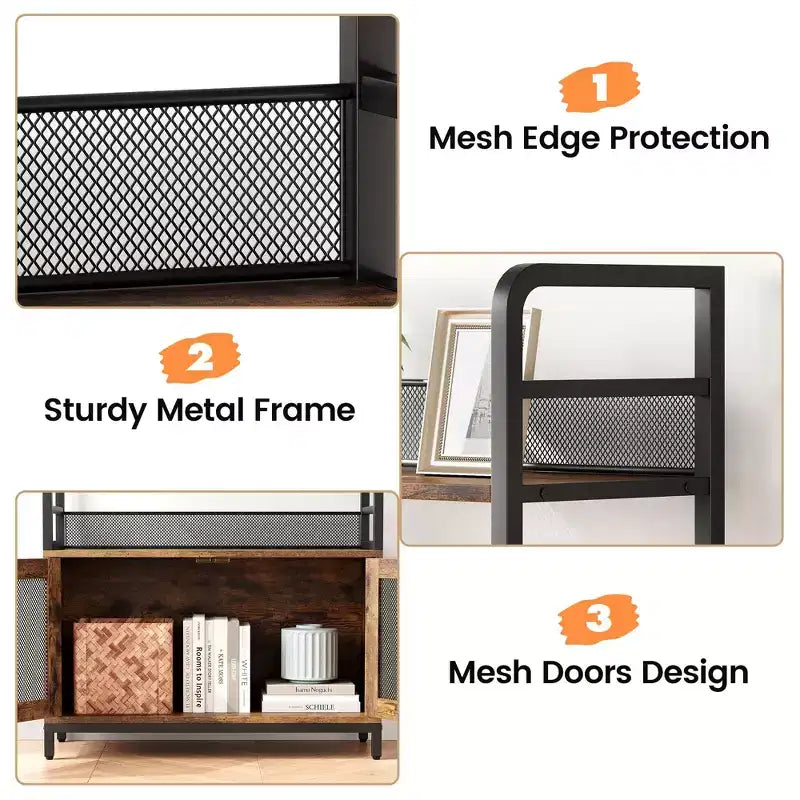 Étagère industrielle avec portes grillagées, bibliothèque de rangement à 4 niveaux avec étagères ouvertes pour salon, chambre, bureau à domicile, marron rustique de style ferme