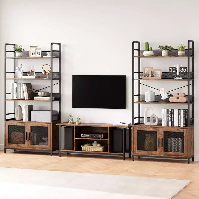 Étagère industrielle avec portes grillagées, bibliothèque de rangement à 4 niveaux avec étagères ouvertes pour salon, chambre, bureau à domicile, marron rustique de style ferme