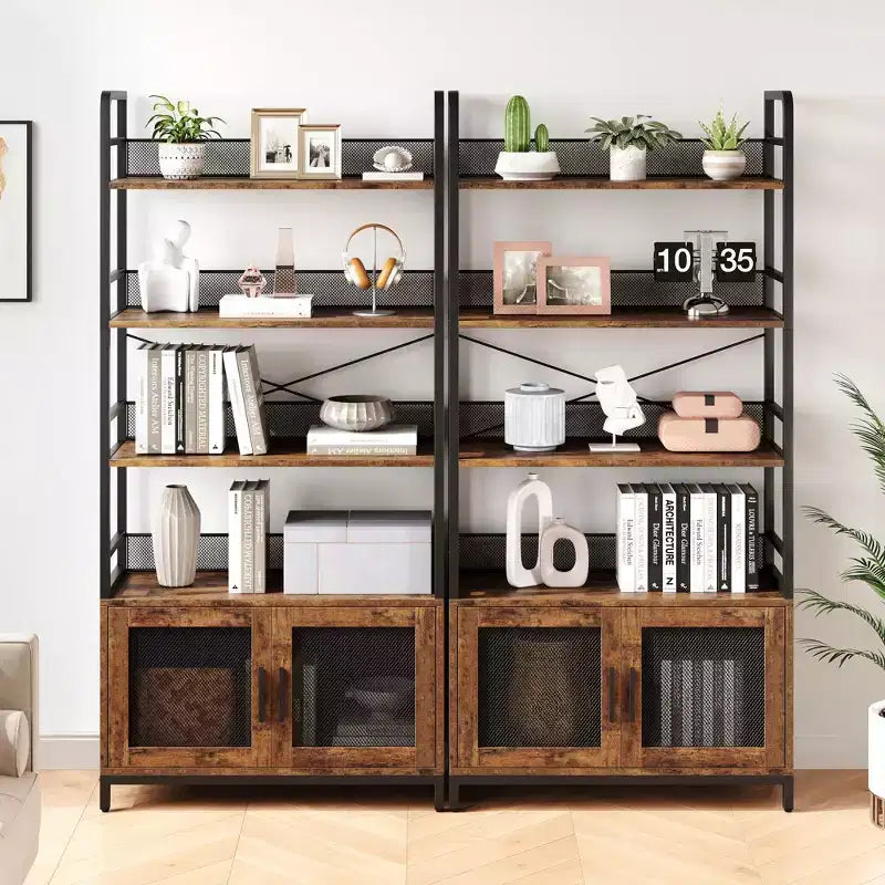 Étagère industrielle avec portes grillagées, bibliothèque de rangement à 4 niveaux avec étagères ouvertes pour salon, chambre, bureau à domicile, marron rustique de style ferme