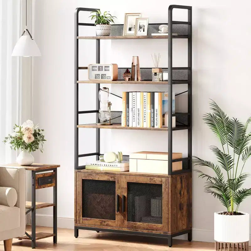 Étagère industrielle avec portes grillagées, bibliothèque de rangement à 4 niveaux avec étagères ouvertes pour salon, chambre, bureau à domicile, marron rustique de style ferme