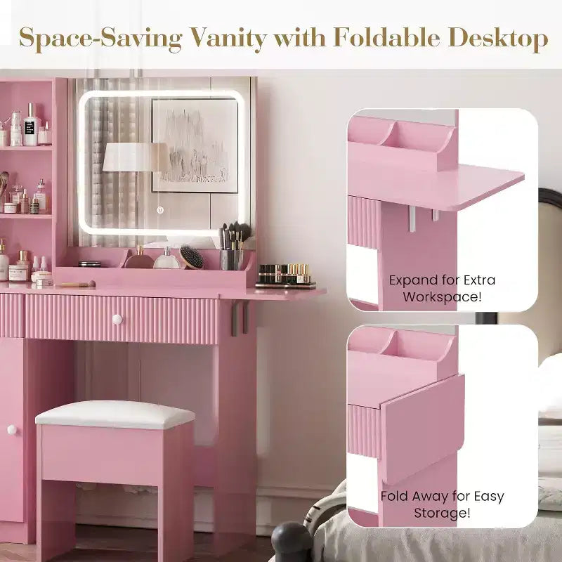 Coiffeuse avec lumière et miroir, Bureau de maquillage pliant, Multiprise, Éclairage réglable, Tiroirs et Tabouret rembourré