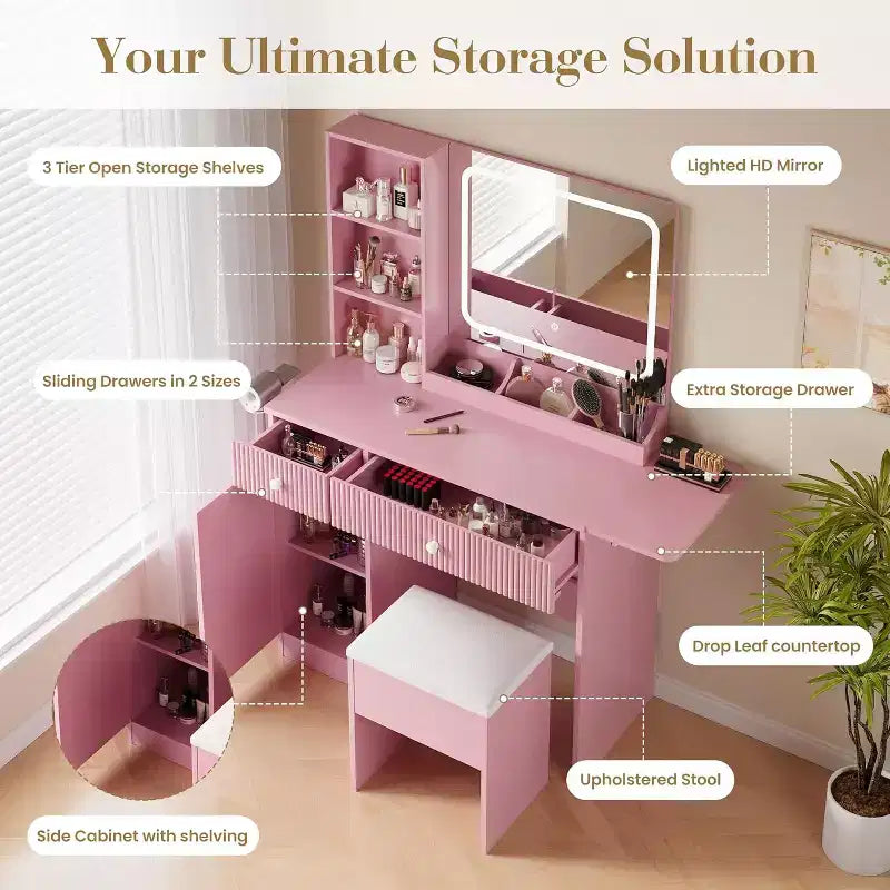 Coiffeuse avec lumière et miroir, Bureau de maquillage pliant, Multiprise, Éclairage réglable, Tiroirs et Tabouret rembourré