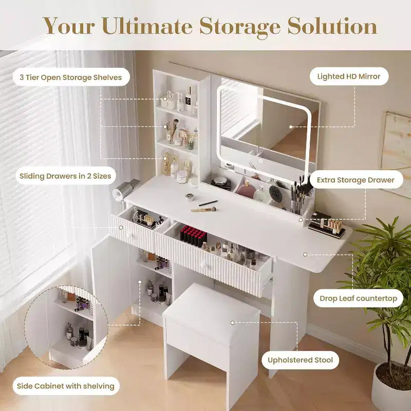 Coiffeuse avec lumière et miroir, Bureau de maquillage pliant, Multiprise, Éclairage réglable, Tiroirs et Tabouret rembourré