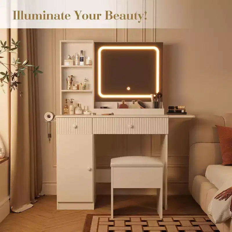 Coiffeuse avec lumière et miroir, Bureau de maquillage pliant, Multiprise, Éclairage réglable, Tiroirs et Tabouret rembourré