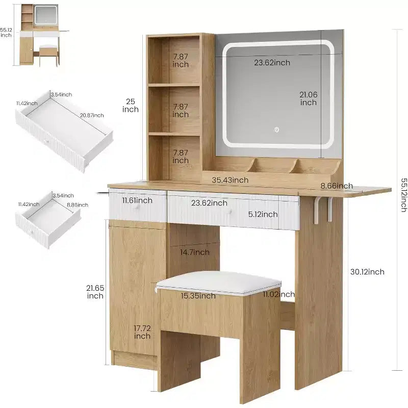 Coiffeuse avec lumière et miroir, Bureau de maquillage pliant, Multiprise, Éclairage réglable, Tiroirs et Tabouret rembourré