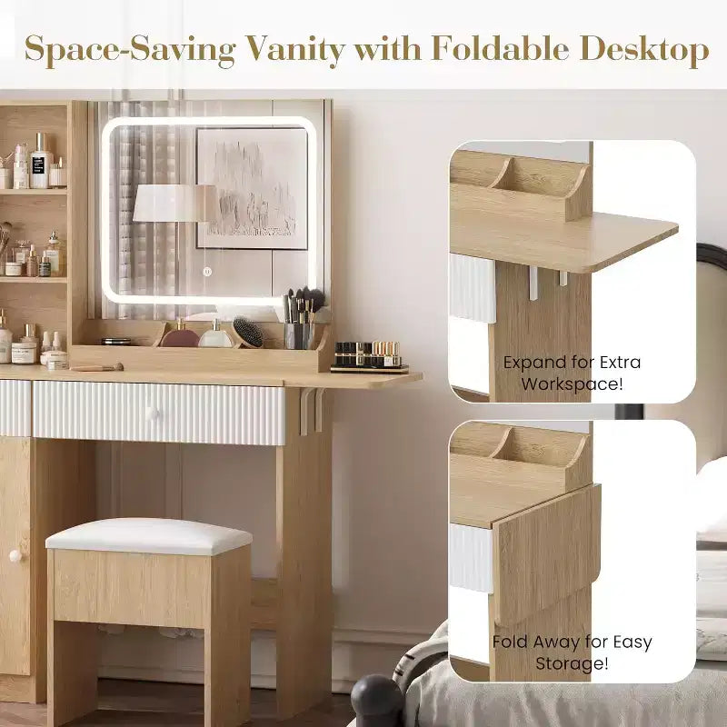 Coiffeuse avec lumière et miroir, Bureau de maquillage pliant, Multiprise, Éclairage réglable, Tiroirs et Tabouret rembourré
