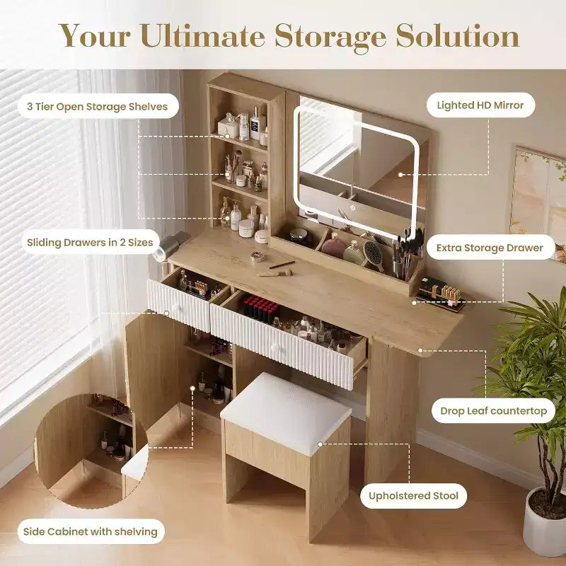 Coiffeuse avec lumière et miroir, Bureau de maquillage pliant, Multiprise, Éclairage réglable, Tiroirs et Tabouret rembourré