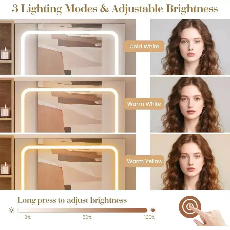 Coiffeuse avec lumière et miroir, Bureau de maquillage pliant, Multiprise, Éclairage réglable, Tiroirs et Tabouret rembourré