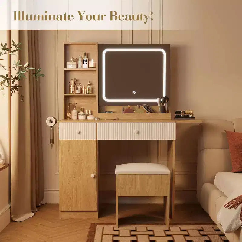 Coiffeuse avec lumière et miroir, Bureau de maquillage pliant, Multiprise, Éclairage réglable, Tiroirs et Tabouret rembourré