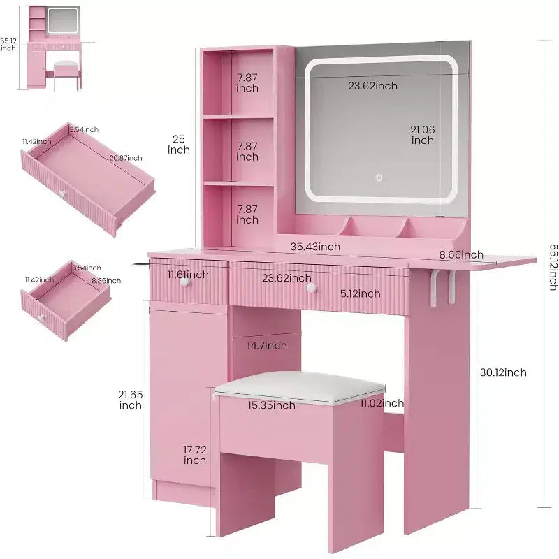 Coiffeuse avec lumière et miroir, Bureau de maquillage pliant, Multiprise, Éclairage réglable, Tiroirs et Tabouret rembourré