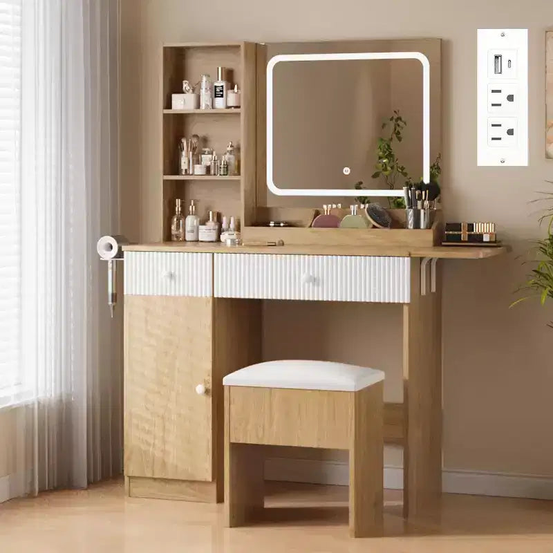 Makeup Vanity with Light and Mirror, Vanity Desk Foldable Desktop, Power Strip, Adjustable Lighting, Drawers and Cushioned Stool