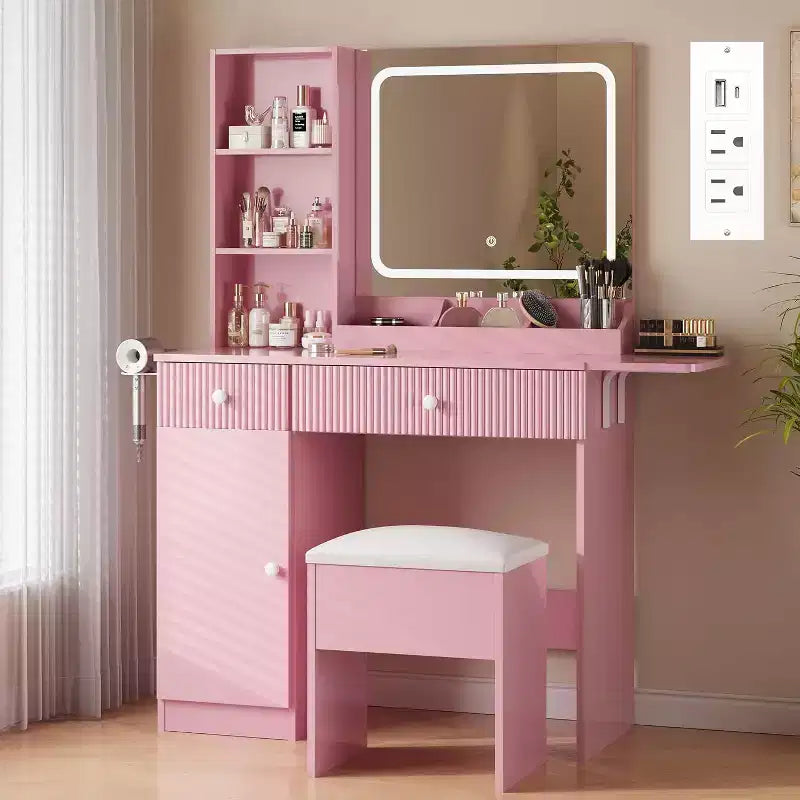 Coiffeuse avec lumière et miroir, Bureau de maquillage pliant, Multiprise, Éclairage réglable, Tiroirs et Tabouret rembourré