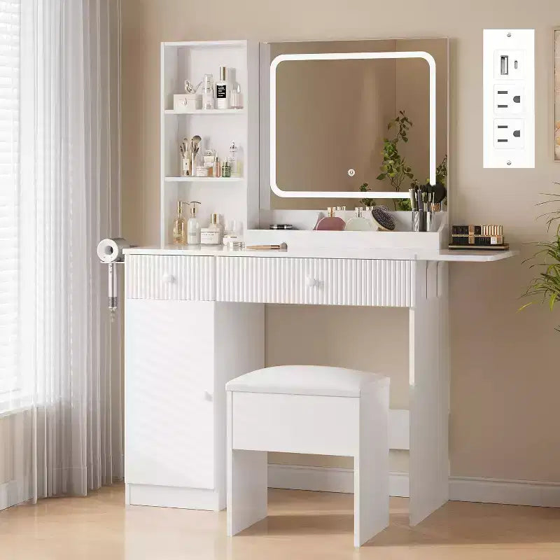 Coiffeuse avec lumière et miroir, Bureau de maquillage pliant, Multiprise, Éclairage réglable, Tiroirs et Tabouret rembourré