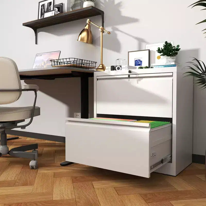 Meuble de classement latéral à 2 tiroirs avec serrure - Classeur en acier blanc pour dossiers format lettre/légal/A4, Bureau à domicile moderne