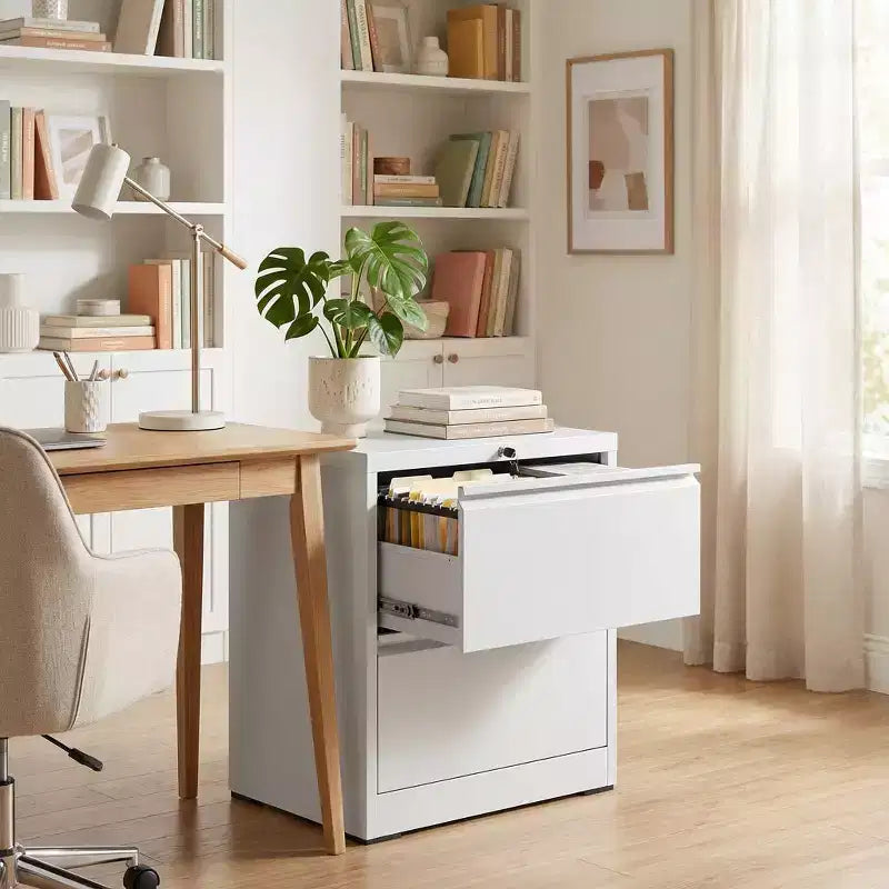 Meuble de classement latéral à 2 tiroirs avec serrure - Classeur en acier blanc pour dossiers format lettre/légal/A4, Bureau à domicile moderne