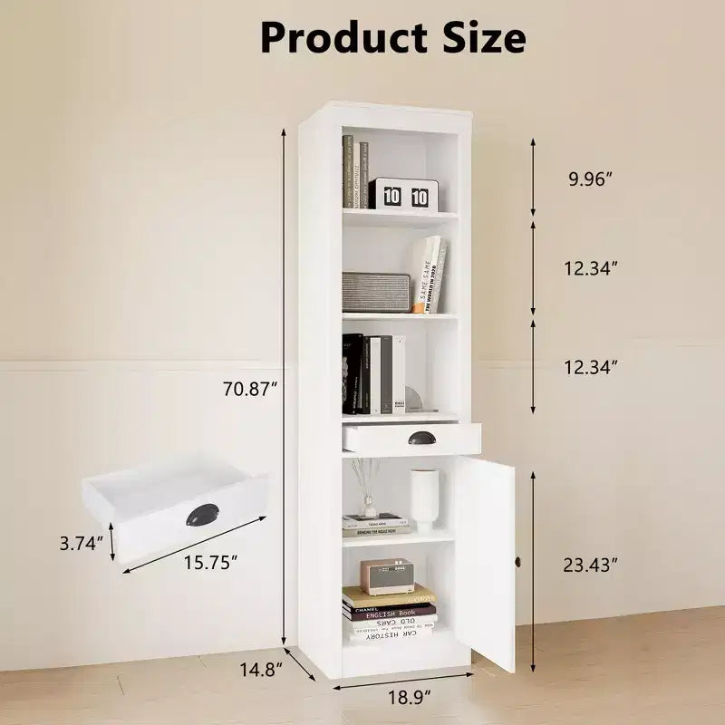 Bibliothèque 3 étagères avec placard, bibliothèque de 180 cm de haut avec étagères ouvertes et rangement derrière porte, organiseur réglable pour salon, bureau, chambre