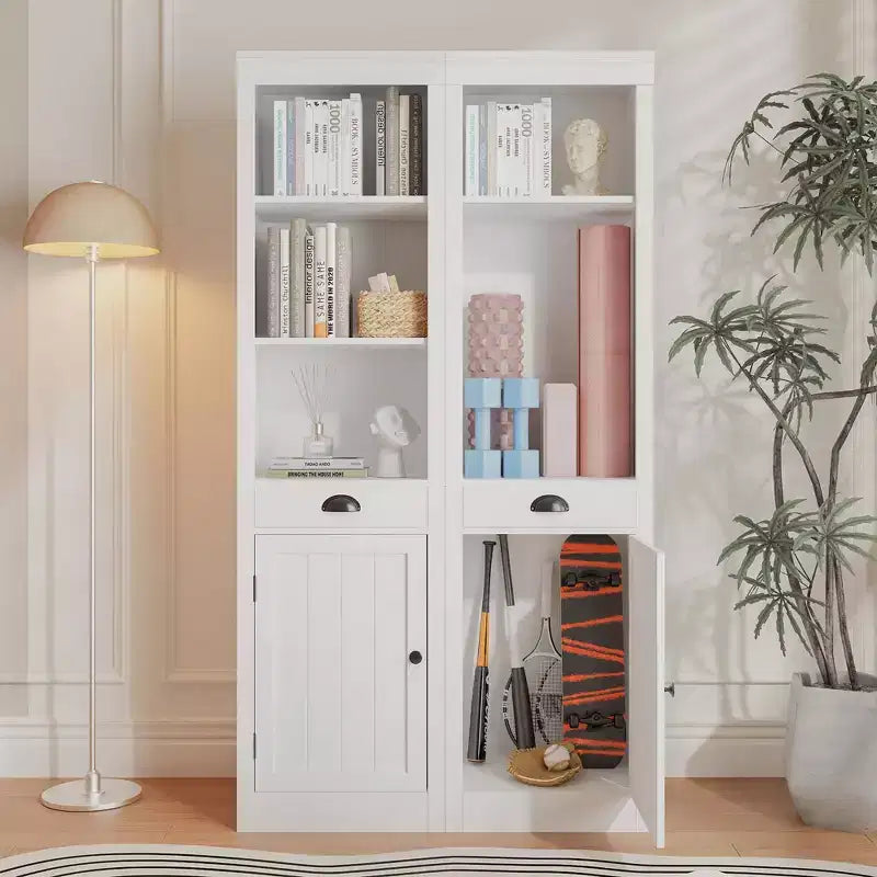 Bibliothèque 3 étagères avec placard, bibliothèque de 180 cm de haut avec étagères ouvertes et rangement derrière porte, organiseur réglable pour salon, bureau, chambre