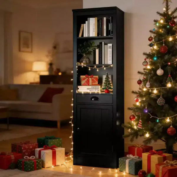 Bibliothèque 3 étagères avec placard, bibliothèque de 180 cm de haut avec étagères ouvertes et rangement derrière porte, organiseur réglable pour salon, bureau, chambre