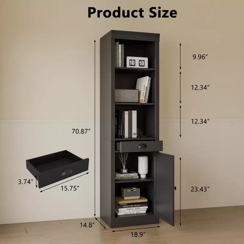 Bibliothèque 3 étagères avec placard, bibliothèque de 180 cm de haut avec étagères ouvertes et rangement derrière porte, organiseur réglable pour salon, bureau, chambre