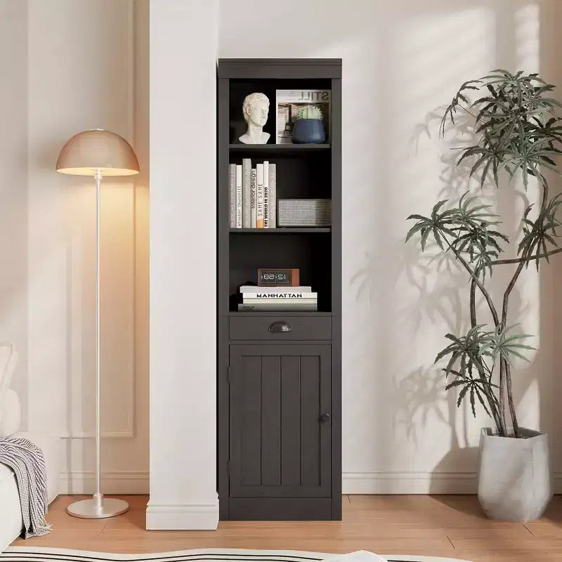 Bibliothèque 3 étagères avec placard, bibliothèque de 180 cm de haut avec étagères ouvertes et rangement derrière porte, organiseur réglable pour salon, bureau, chambre