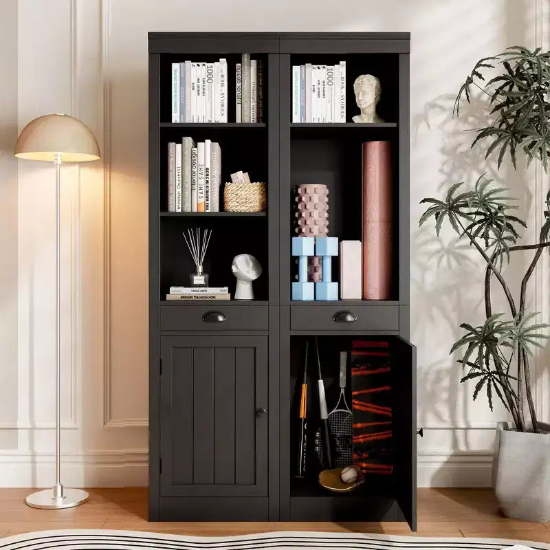 Bibliothèque 3 étagères avec placard, bibliothèque de 180 cm de haut avec étagères ouvertes et rangement derrière porte, organiseur réglable pour salon, bureau, chambre