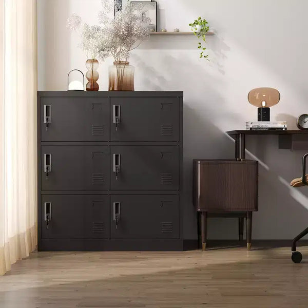 35.43 Casier de rangement métallique à 6 portes avec serrure et porte-étiquette, casier autoportant noir pour bureau/salle de sport/école/maison