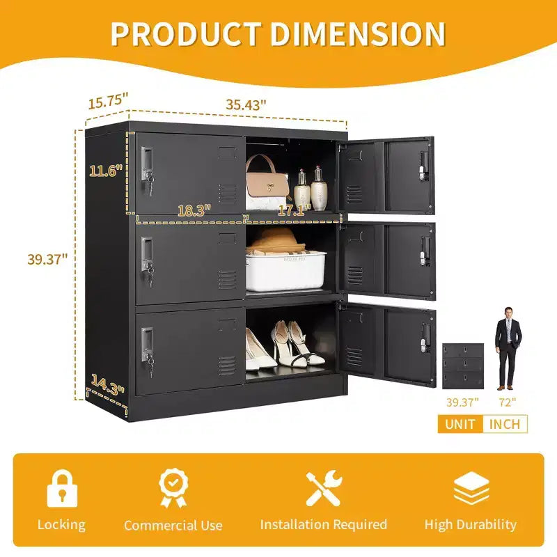 35.43 Casier de rangement métallique à 6 portes avec serrure et porte-étiquette, casier autoportant noir pour bureau/salle de sport/école/maison