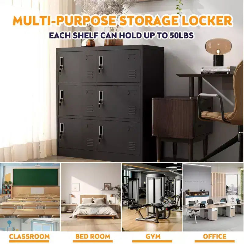 35.43 Casier de rangement métallique à 6 portes avec serrure et porte-étiquette, casier autoportant noir pour bureau/salle de sport/école/maison