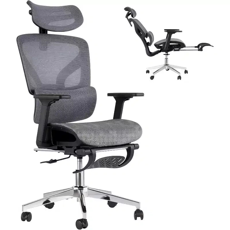 Chaise de bureau ergonomique en maille avec repose-pieds, accoudoirs 4D et support lombaire réglable pour la maison ou salle de jeu