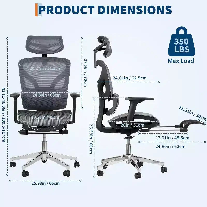 Chaise de bureau ergonomique en maille avec repose-pieds, accoudoirs 4D et support lombaire réglable pour la maison ou salle de jeu