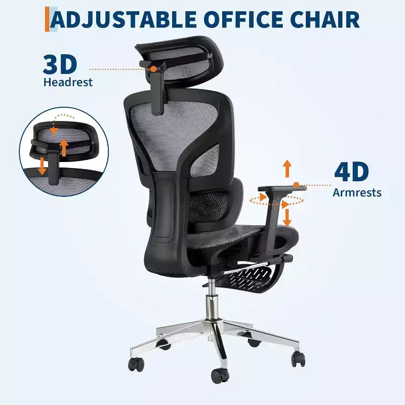 Chaise de bureau ergonomique en maille avec repose-pieds, accoudoirs 4D et support lombaire réglable pour la maison ou salle de jeu