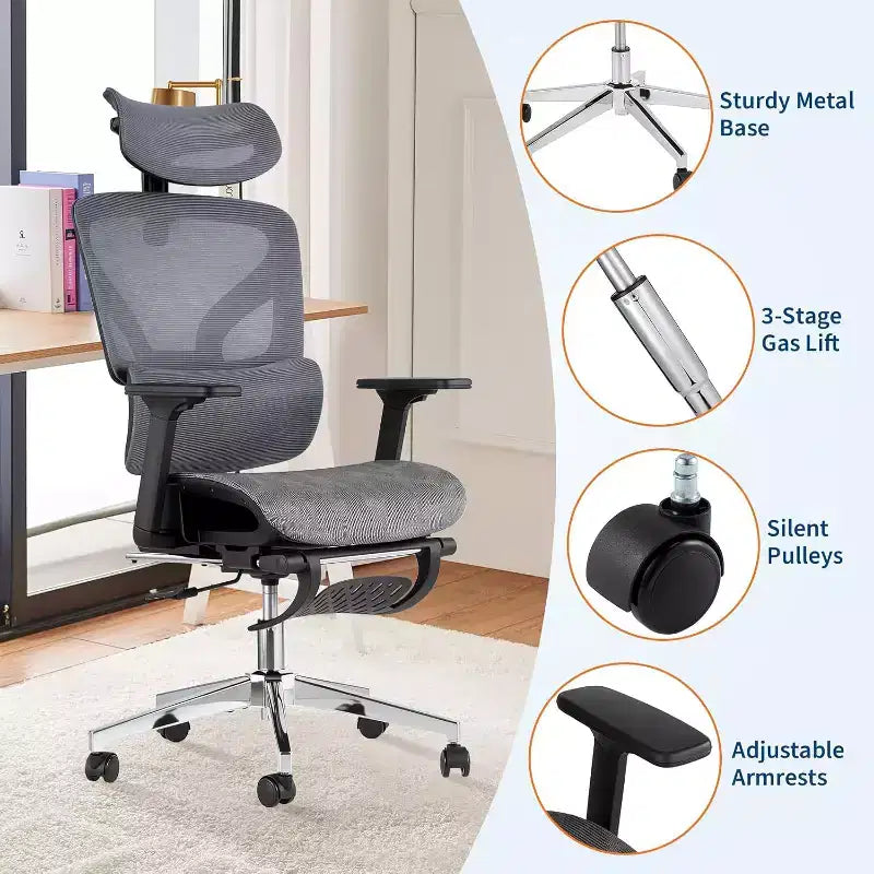Chaise de bureau ergonomique en maille avec repose-pieds, accoudoirs 4D et support lombaire réglable pour la maison ou salle de jeu
