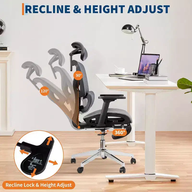 Chaise de bureau ergonomique en maille avec repose-pieds, accoudoirs 4D et support lombaire réglable pour la maison ou salle de jeu