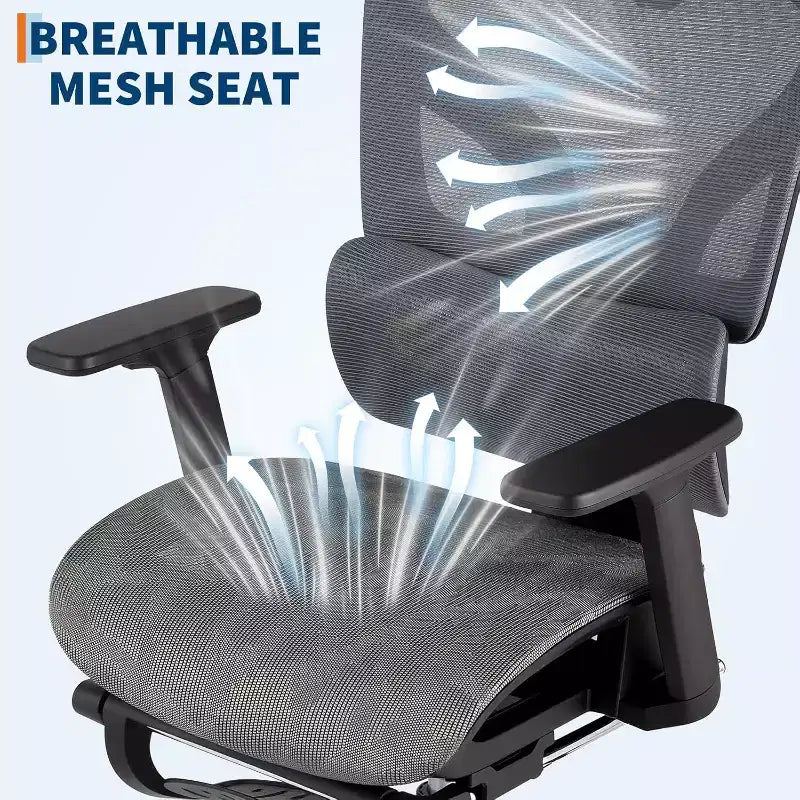 Chaise de bureau ergonomique en maille avec repose-pieds, accoudoirs 4D et support lombaire réglable pour la maison ou salle de jeu