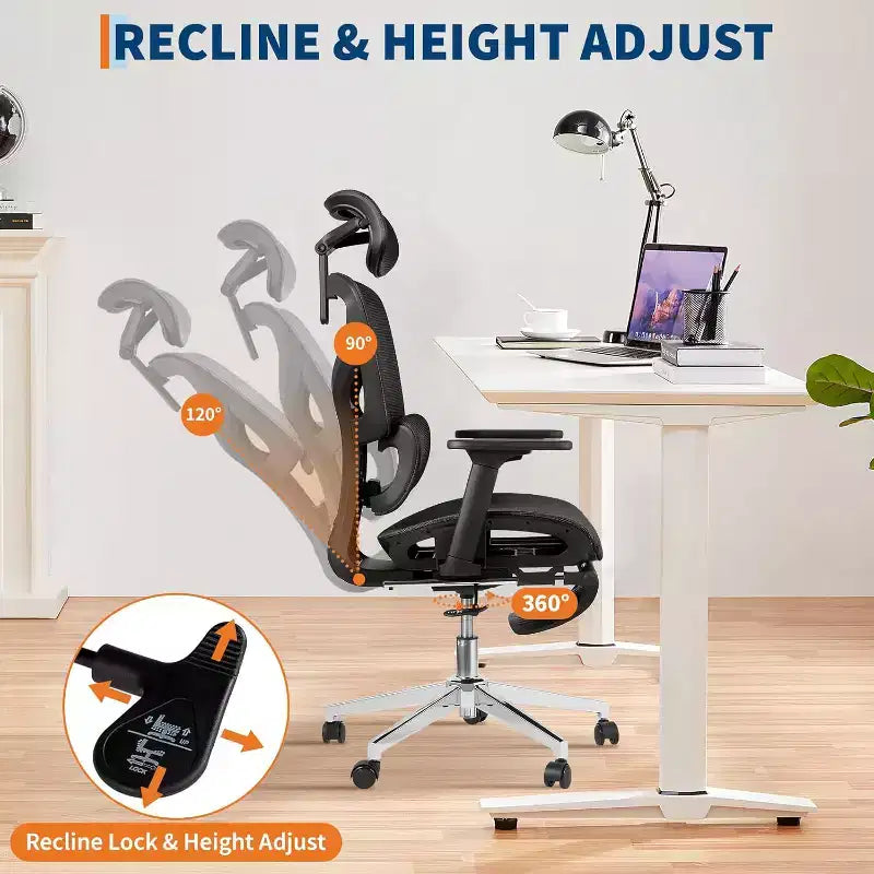 Chaise de bureau ergonomique en maille avec repose-pieds, accoudoirs 4D et support lombaire réglable pour la maison ou salle de jeu
