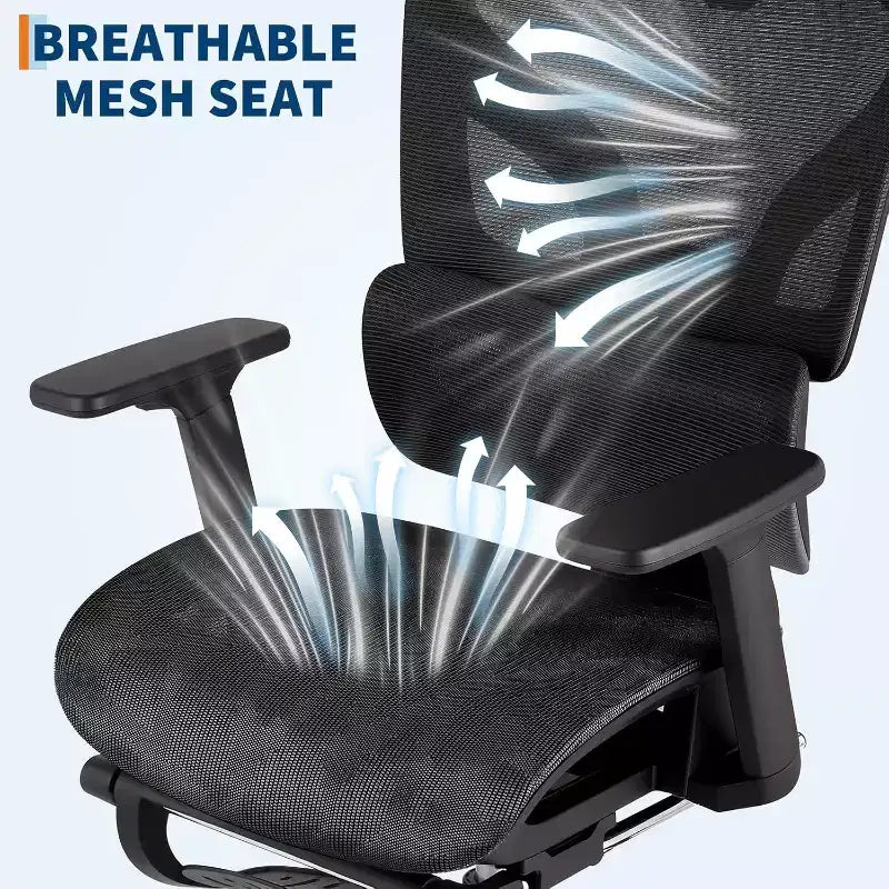 Chaise de bureau ergonomique en maille avec repose-pieds, accoudoirs 4D et support lombaire réglable pour la maison ou salle de jeu