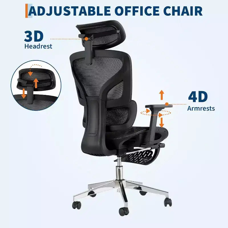 Chaise de bureau ergonomique en maille avec repose-pieds, accoudoirs 4D et support lombaire réglable pour la maison ou salle de jeu