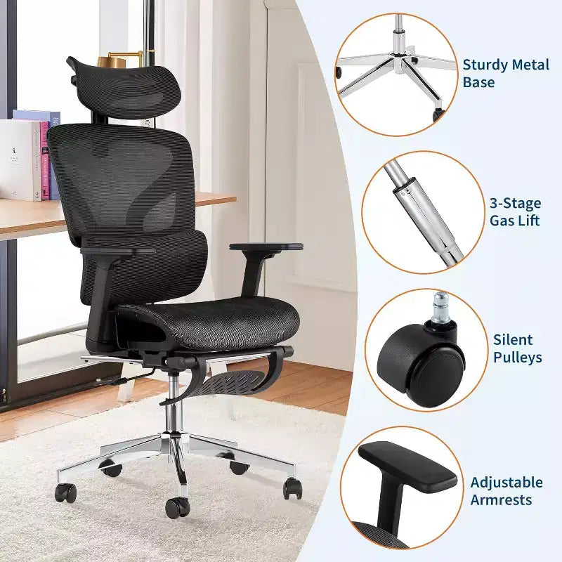 Chaise de bureau ergonomique en maille avec repose-pieds, accoudoirs 4D et support lombaire réglable pour la maison ou salle de jeu