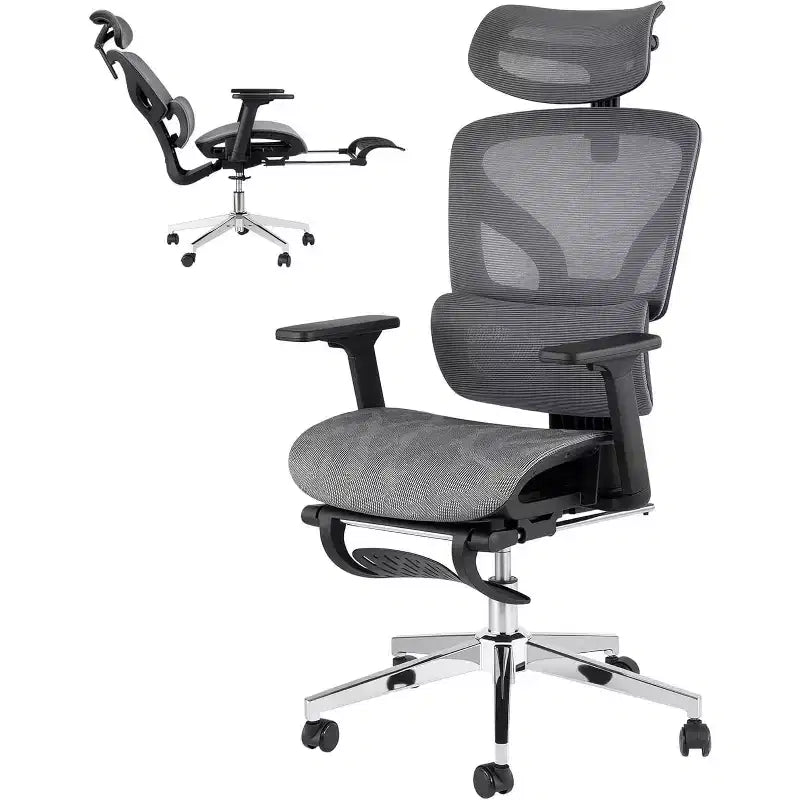 Chaise de bureau ergonomique en maille avec repose-pieds, accoudoirs 4D et support lombaire réglable pour la maison ou salle de jeu