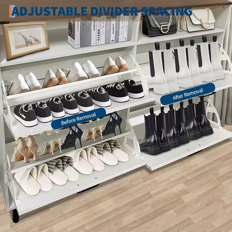 Meuble à chaussures à 4 tiroirs basculants, Organisateur de chaussures dissimulé sur pied avec pieds en métal et portes en bois massif, Meuble de rangement à chaussures étroit pour couloir d'entrée