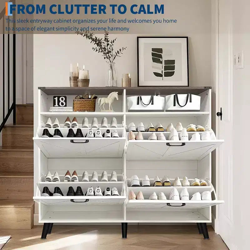 Meuble à chaussures à 4 tiroirs basculants, Organisateur de chaussures dissimulé sur pied avec pieds en métal et portes en bois massif, Meuble de rangement à chaussures étroit pour couloir d'entrée