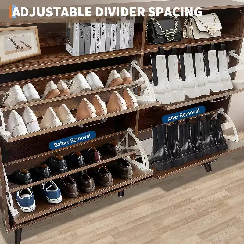 Meuble à chaussures à 4 tiroirs basculants, Organisateur de chaussures dissimulé sur pied avec pieds en métal et portes en bois massif, Meuble de rangement à chaussures étroit pour couloir d'entrée
