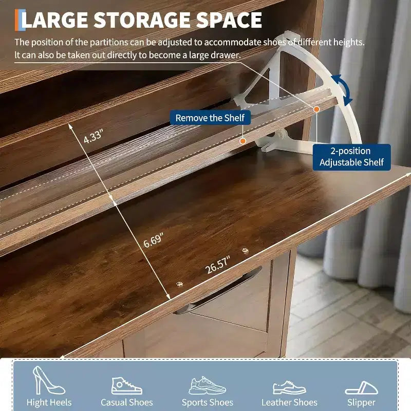 Meuble à chaussures à 4 tiroirs basculants, Organisateur de chaussures dissimulé sur pied avec pieds en métal et portes en bois massif, Meuble de rangement à chaussures étroit pour couloir d'entrée