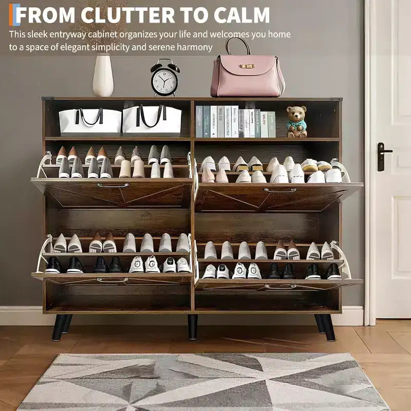 Meuble à chaussures à 4 tiroirs basculants, Organisateur de chaussures dissimulé sur pied avec pieds en métal et portes en bois massif, Meuble de rangement à chaussures étroit pour couloir d'entrée