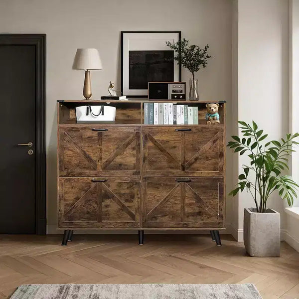 4-Drawer Flip Shoe Cabinet, Freestanding Hidden Shoe Organizer with Metal Legs & Solid Wood Doors, Narrow Entryway Shoe Storage for Hallway Foyer