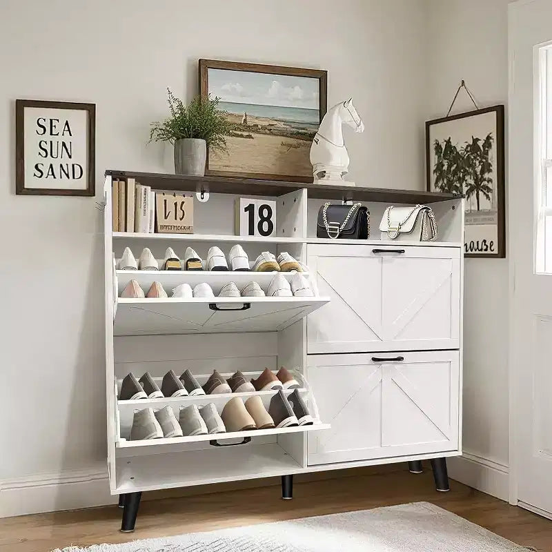 Meuble à chaussures à 4 tiroirs basculants, Organisateur de chaussures dissimulé sur pied avec pieds en métal et portes en bois massif, Meuble de rangement à chaussures étroit pour couloir d'entrée