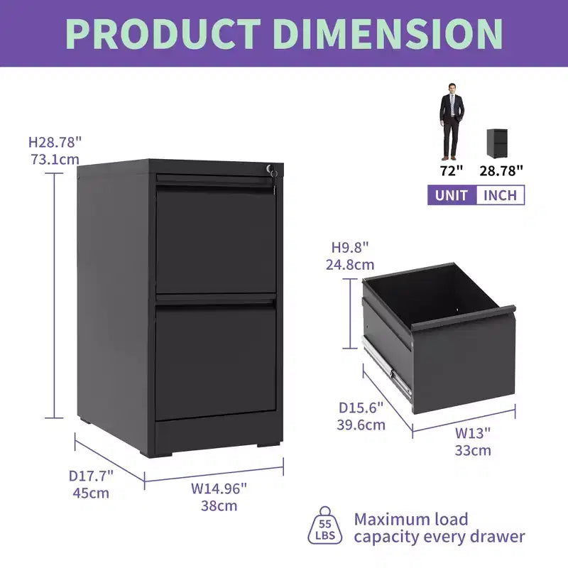 Classeur vertical en métal à 2 tiroirs de 28 po avec serrure, armoire de classement en acier noir pour bureau à domicile, convient aux formats A4/Legal/Lettre