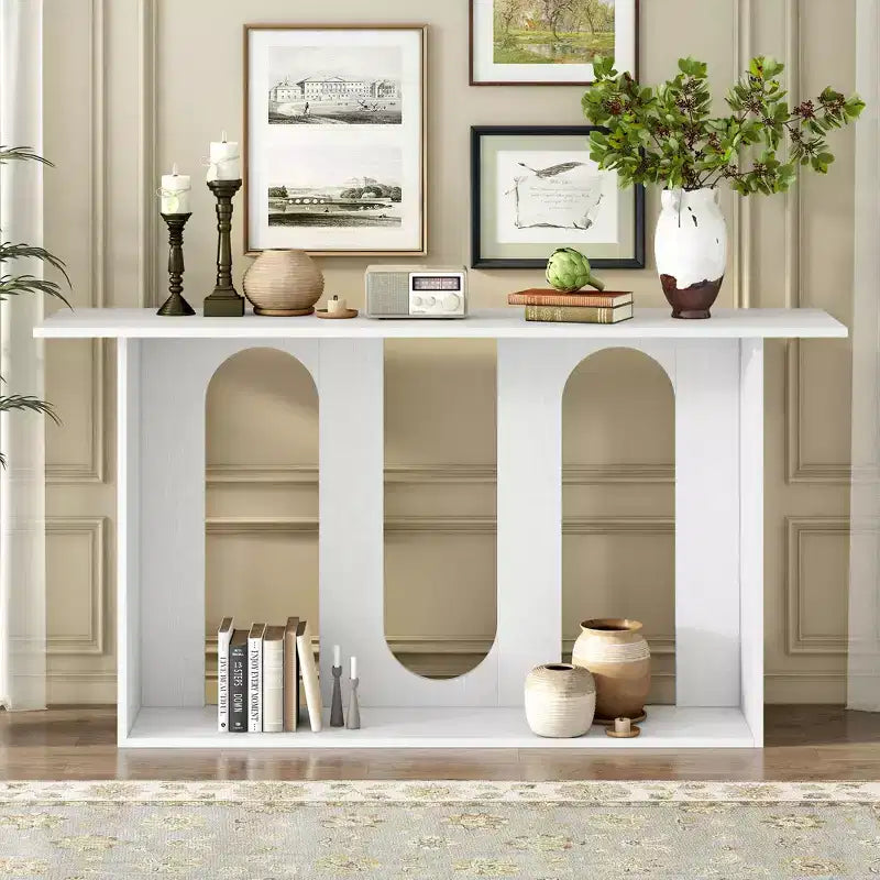Console moderne avec étagère inférieure, table d'entrée avec design courbé et placage en frêne, tables de foyer pour entrée, salon