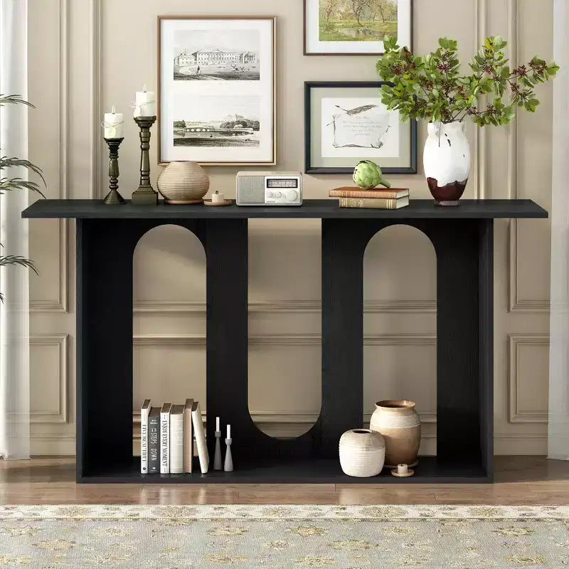 Console moderne avec étagère inférieure, table d'entrée avec design courbé et placage en frêne, tables de foyer pour entrée, salon