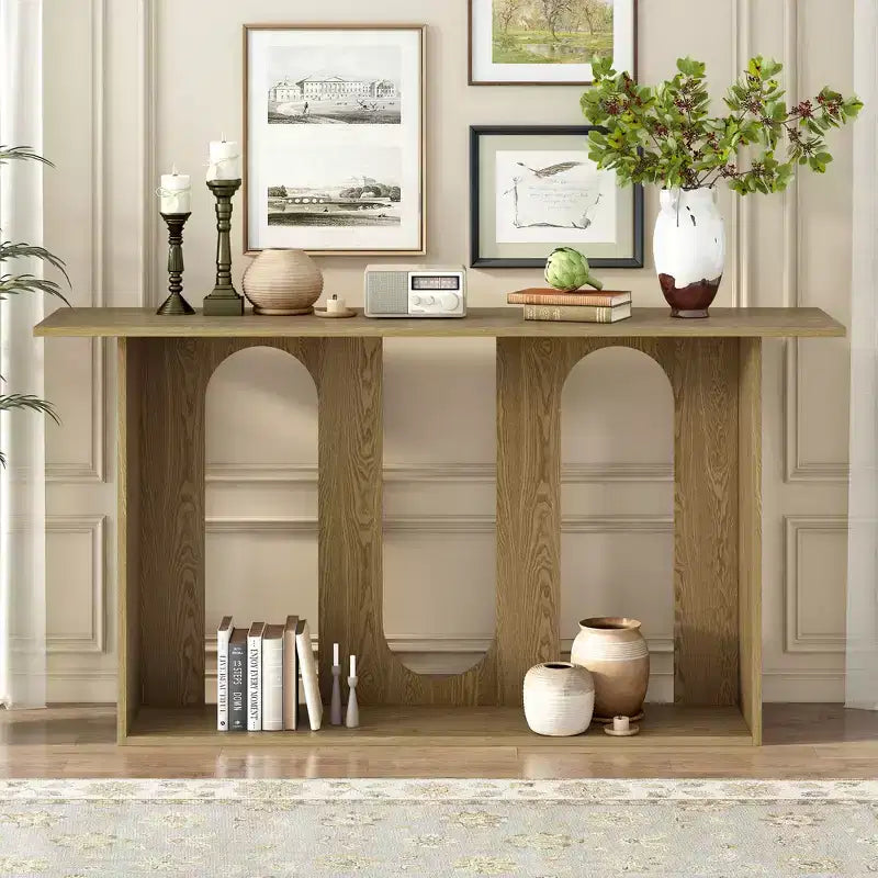Console moderne avec étagère inférieure, table d'entrée avec design courbé et placage en frêne, tables de foyer pour entrée, salon